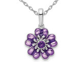 1/10 Carat (ctw) Amethyst and Enamel Flower Pendant Necklace in Sterling Silver with Chain